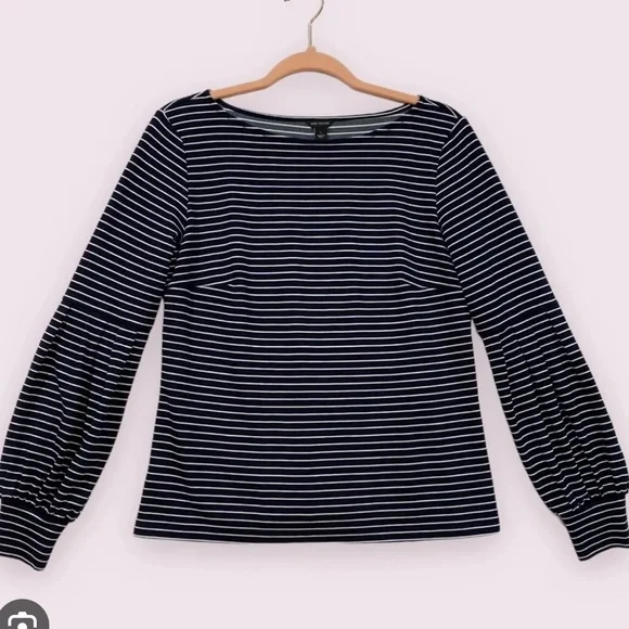 Ann Taylor Striped Navy Blue and White Ballon Sleeve Long Sleeve Top - Picture 2 of 6